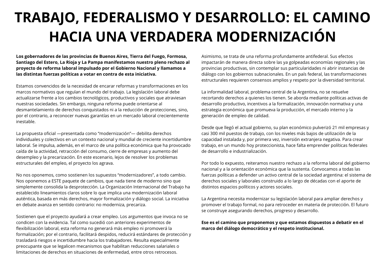 Imagen secundaria de Contundente rechazo de gobernadores del peronismo a la reforma laboral 